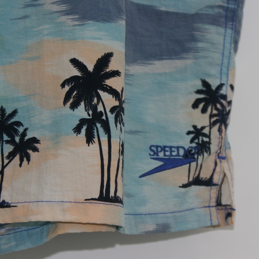 Vintage Speedo Mens Tropical Palm Tree Swim Trunks Blue Peach Large Summer Retro - Picture 5 of 8